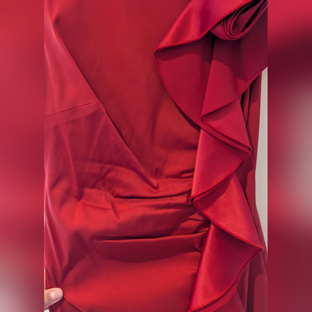 Stylish Red Ruffle Midi Dress By Le Château - Picture 6 of 6